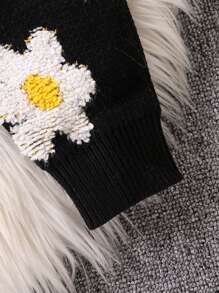 Tween Girls' Floral Pattern Knit Sweater, Spring Autumn - Black - View 3