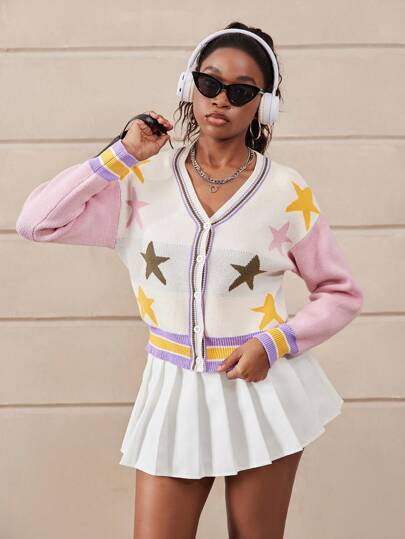 SHEIN Teen Girl Spring Summer Autumn Casual Star Print Cardigan For School, Street, Home, Hanging Out, Travel, Multi-Color