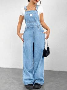 SHEIN EZwear 女士休闲牛仔背带裤，春夏 - 淺色水洗藍 - 查看 4