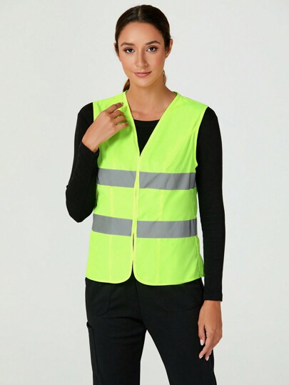 TaskEZ Women's  Hi-Vis Vest Fluorescent Green Contrast Color Vest Work Uniform