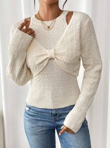 SHEIN LUNE 2pcs Women's French Stylish Cold-Shoulder Bow Sweater & Slim Fit Neck Warmer Set, Autumn Winter