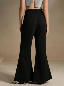Anewsta Solid Color High Waisted Wide Leg Pants With Pockets - Black - View 5