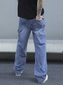 Manfinity EMRG Pantalones de mezclilla con botones y múltiples bolsillos para hombre, uso casual de todos los días - Azul - Ver 2