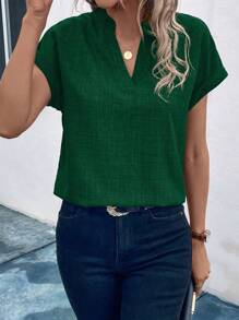 EMERY ROSE Women's V-Neck Short Sleeve Batwing Sleeve Solid Color Simple Fashionable Blouse - Dark Green - View 3