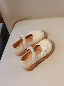 1双女童纯色新款珍珠装饰儿童平底鞋女童蝴蝶结圆头小皮公主碎花休闲鞋适合春秋季 - 米色 - 查看 4