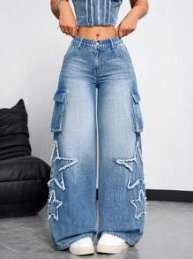 SHEIN EZwear Women Casual Loose Straight Leg Jeans With Pockets - Light Wash - View 5