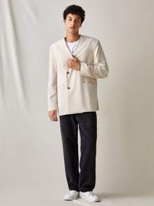 Manfinity VCAY Chaqueta de traje ajustada de doble botonadura sin cuello de color liso de moda casual para hombre