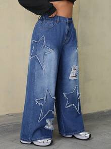 SHEIN EZwear Plus Size Women's Star Patch Ripped Denim Jeans - Blue - View 6