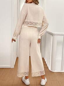 SHEIN Frenchy 2 Cái/bộ Ren Nữ Chia Lao Cổ Áo Cardigan Và Lưng Thun Ống Thẳng Quần - Màu be - Xem 2