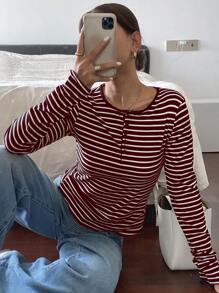 Livesso 女士春夏V领条纹休闲长袖T恤，秋季服装