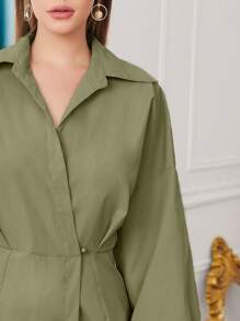Modelyn 纯色前扣长袖休闲连衣裙长款晚礼服 - 橄欖綠 - 查看 5