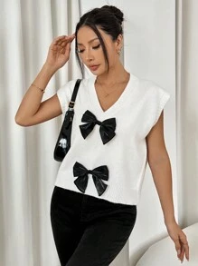 Chiquease Women's Colorblock Bow Decorated Casual Short Sleeve Sweater Vest