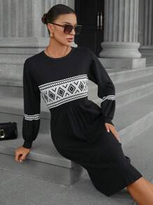 SHEIN Privé Boho Style Premium Quality Waist Cinching Colorblock Jacquard Knit Sweater Dress - Black - View 5
