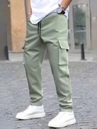Manfinity Homme Erkek Düz Renk Bağcıklı Cepli Günlük Kargo Pantolon, Sonbahar