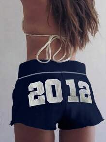 INAWLY Women's Numeric Print Drawstring Waist Casual Shorts - Navy Blue - View 1