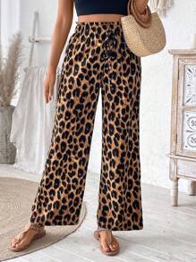 Chiquease Damskie spodnie z szerokimi nogawkami i wiązaniem w talii w panterkę - Brązowy - Zobacz 5