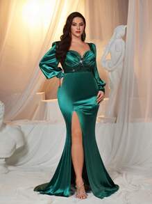 SHEIN Belle 加大码绿色亮片面料拼布弹力塔夫绸高开叉不对称罩杯优雅正式晚礼服，长袖舞会礼服，适合婚礼嘉宾、毕业典礼、晚宴 - 綠色 - 查看 7