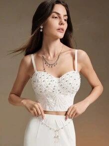 Anewsta 黑色蕾丝珠饰亮片短款紧身胸衣上衣