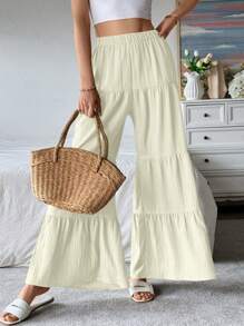 SHEIN LUNE 纹理优雅舒适办公室女士长裤 - 杏色 - 查看 4