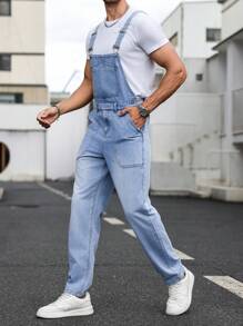 Manfinity Homme Men's Casual Basic Plain Washed Denim Overall, For Going Out, Husband - Blue - View 1