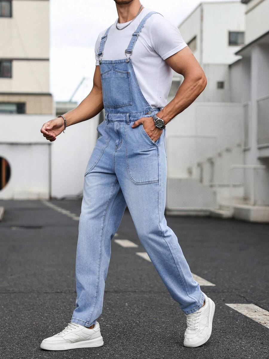 Manfinity Homme Men's Casual Basic Plain Washed Denim Overall, For Going Out, Husband - Blue - View 1