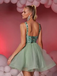 SHEIN Belle Elegant Glamorous Cute Olive Green Spaghetti Strap Sequin Lace Contrast Mesh Tulle Pleated Cocktail Party Dress