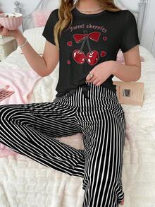 女士圆领樱桃和字母印花短袖上衣和条纹印花裤睡衣套装 - 彩色 - 查看 2