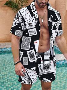 Manfinity Swimmode Large Size Men's Revere Collar Allover Print Short Sleeve Top & Front Tie Hem Beach Shorts Set