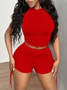 SHEIN SXY Red Festival Outfit Vest Drawstring Shorts Ladies Two Pieces Set - Red - View 3