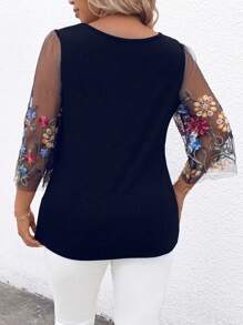Blusa casual de talla grande para mujer con contraste de malla bordada con flores para primavera y verano - Azul Marino - Ver 2