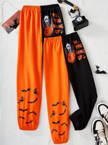 SHEIN Teen Girl Elastic Waist Halloween Bat Printed Sweatpants With Color Block Design, Spring Autumn Clothes, For Halloween Party - Multicolor - View 1