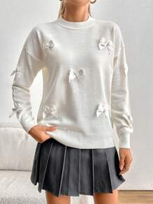 EURMUSE Petite Bow Detail Thick Winter Cute Elegant Street Sweater ,Petite Women - White - View 4