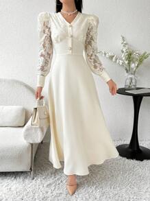 Modelyn 女士纯色简约日常穿着蕾丝装饰阿拉伯朴素连衣裙派对优雅晚装长袖长裙、婚礼/场合礼服白色优雅连衣裙长款晚礼服 - 杏色 - 查看 6