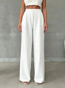 Women's Stylish Solid Color High Waist Straight Pant With Button And Zipper Details