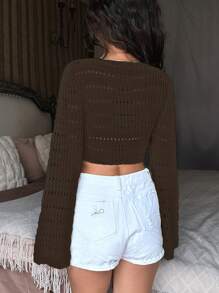 SHEIN Unity Women's V-Neck Tie-Up Long Sleeve Cropped Cardigan - Elegant, Gentle, Sweet Style - Mocha Brown - View 3