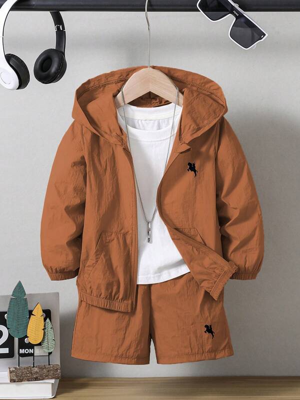 2pcs/Set Young Boys Casual Minimalist Hooded Jacket And Shorts Set, Suitable For School, Sports, Spring, Summer, Autumn