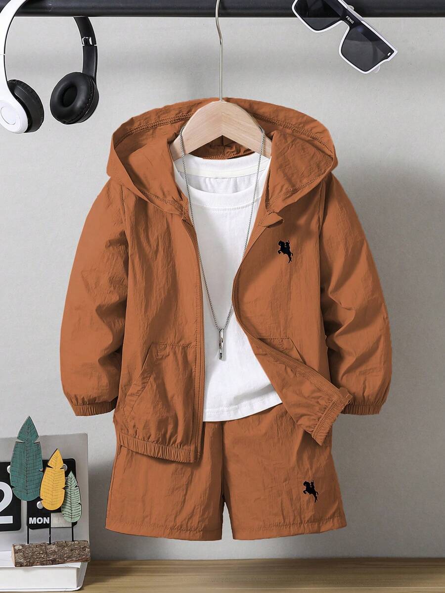 SHEIN Explorewe 2 件套年轻男孩休闲简约连帽夹克和短裤套装,适合学校、运动、春季、夏季、秋季 - 棕色 - 查看 1