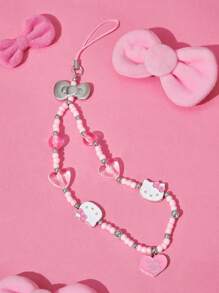 HELLO KITTY AND FRIENDS | SHEIN 可爱手工串珠粉色卡通猫咪合金手机链手机挂绳，适用于所有手机壳，情人节礼物 - 彩色 - 查看 3