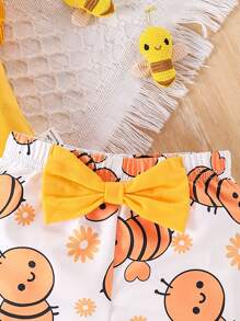 SHEIN Vintaside Kids Baby Girls' Cute Bee Print Cap Sleeve Summer Outfit, Comfortable For Outdoor Play Yellow Outfit For Baby Girlbaby Girl Yellow Outfitbaby Girl Summer Set