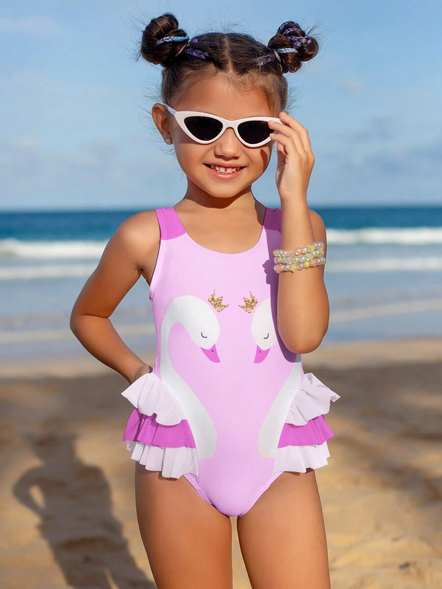 Young Girl Swan Printing Ruffle Trim One Piece Swimsuit, Suitable For Vacation - Mauve Purple - View 1