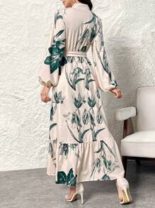 Modelyn Women's Floral Print Stand Collar Lantern Sleeve Ruffle Hem Maxi Arabic Long Modest Elegant Dress, Modest Elegant Style For Casual Daily/Travel/Holiday/Vacation/Parties - Multicolor - View 2
