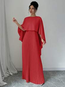 Elenzga 优雅女士纯色斗篷袖褶边连衣裙，女士优雅褶皱无袖圆领常规版型长款红色斗篷袖纯色 A 字女式长裙，春/秋，休闲日常装新年服装长款女装 - 紅色 - 查看 5