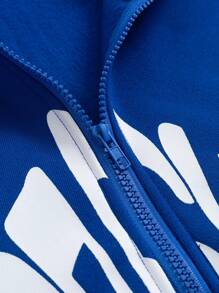 Manfinity Homme 男士大码休闲字母印花羊毛连帽夹克和裤子套装，秋冬 - 藍色 - 查看 4