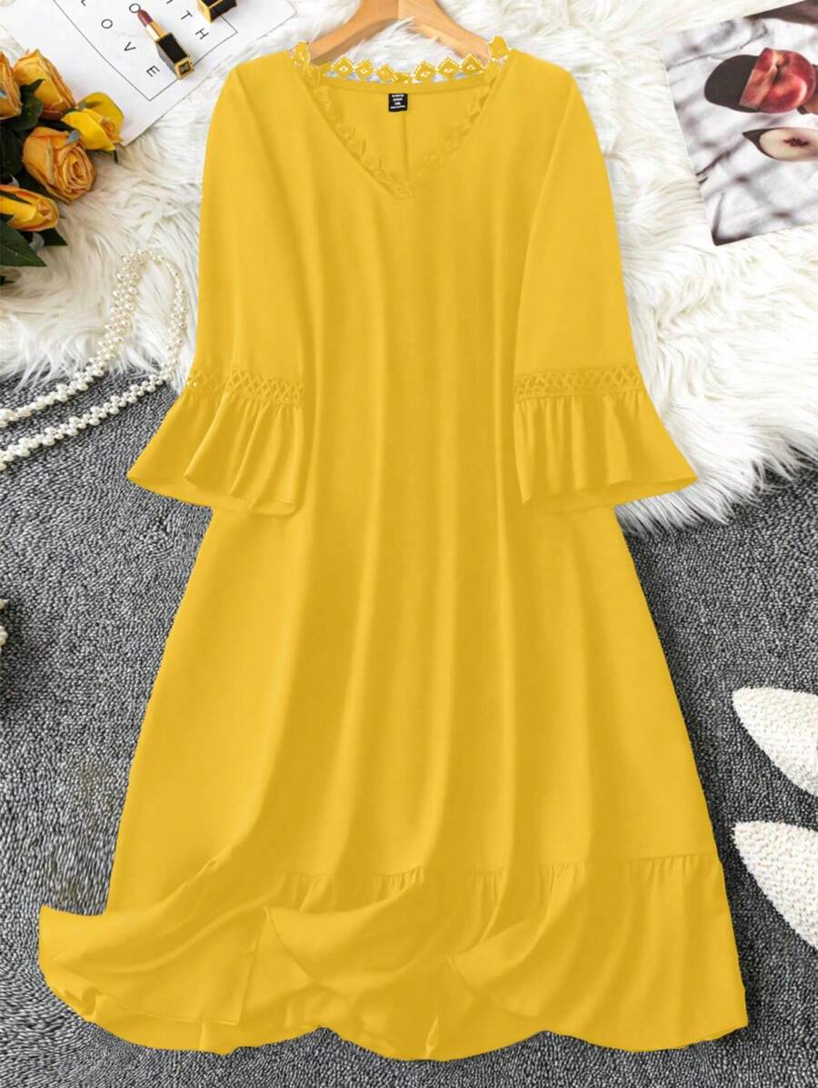 SHEIN LUNE 大码 V 领长袖时尚宽松优雅迷人连衣裙 - 黃色 - 查看 1