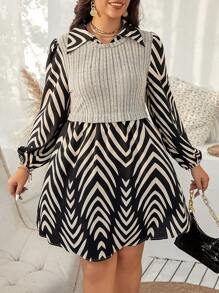 SHEIN Unity Plus Size Casual Spring & Autumn Printed Patchwork 2 In 1 Dress - Multicolor - View 5