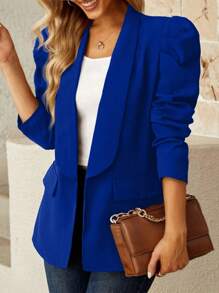 Flirla Blazer minimalista de talla grande de un solo color con cuello chal, manga media, bolsillo falso, uso casual de todos los días