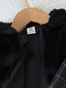 SHEIN Baby Girls' Black Fuzzy Jacket, Plaid Dress, Bow Decor, Crossbody Bag, Adorable, For Christmas - Black - View 4