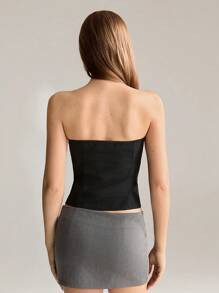 SHEIN Unity Áo crop top hở vai đơn hàng khuy Bandeau thời trang dành cho nữ, dáng ôm - màu đen - Xem 2