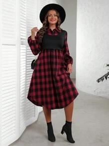EMERY ROSE 大码圣诞法兰绒女式格子印花领长袖连衣裙，带口袋