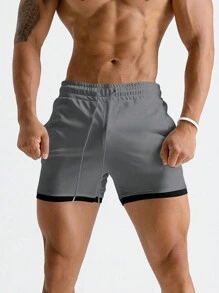 Manfinity Fitness Boyfriend Style Men's Drawstring Waist Contrast Color Casual Athletic Sports Shorts Grey Shorts